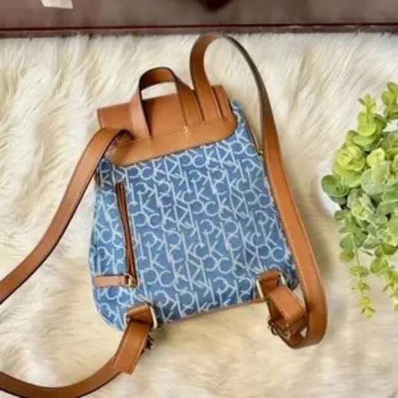 Calvin Klein Elaine Monogram Logo Denim & Brown Faux Leather Mini Backpack - Picture 5 of 14